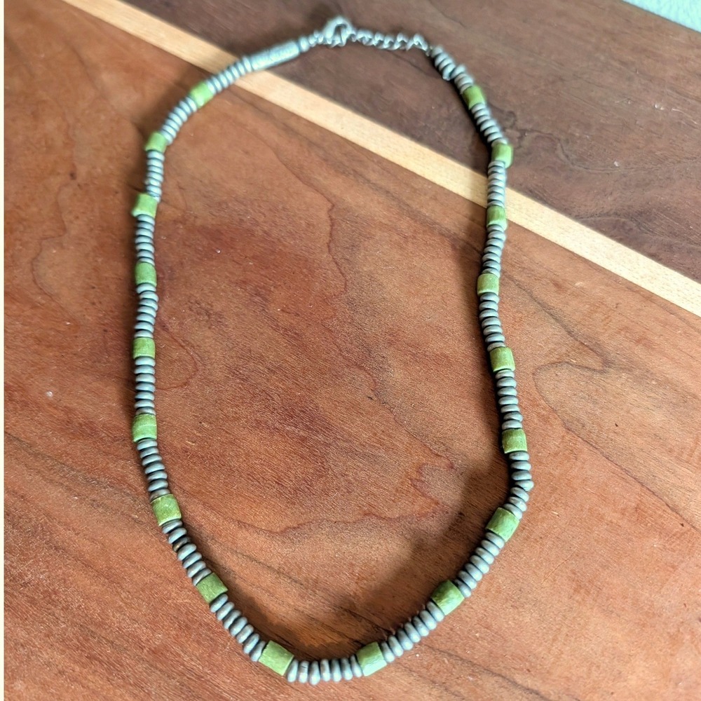 The Colony Y2K Pewter Tone Metal and Olive Green Wood Cylinder Bead Necklace